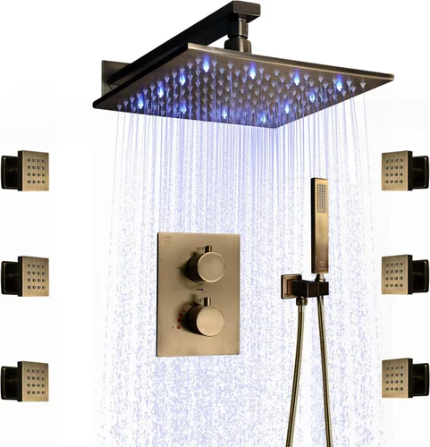 Vista 19 de Cabezal de ducha de lluvia de techo LED redondo de oro cepillado de 10 pulgadas, DULABRAHE termostático para baño, sistema de ducha de lluvia de Oro