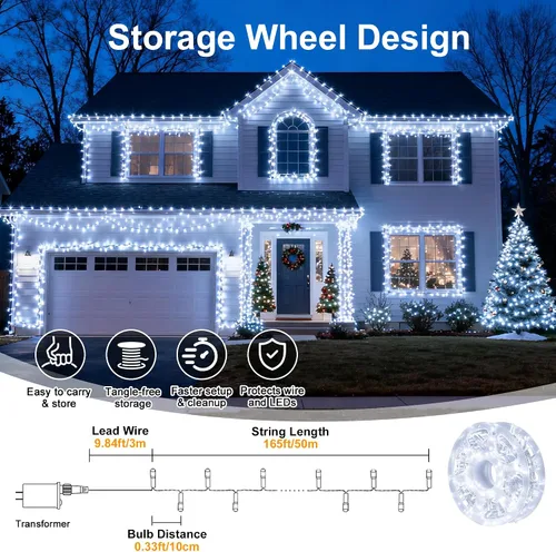 Vista 2 de Cadena de 200 luces LED de 98 pies, impermeables con 8 modos con memoria, fuente de alimentación certificada por UL de 30 V para el hogar, jardín
