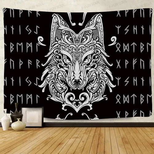 Vista 7 de F-FUN SOUL Tapiz nórdico de cuervo vikingo, 40 x 30 pulgadas, misteriosas runas de meditación vikinga, arte nórdico, tapices colgantes de pared