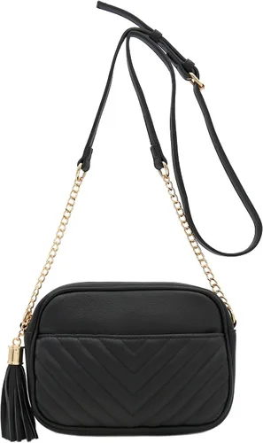 Vista 4 de Bolsa cruzada para cámara con acolchado en zigzag de FashionPuzzle con correa de cadena y borla Negro