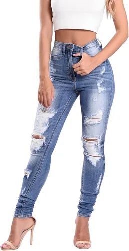 Vista 45 de KUNMI - Pantalones de mezclilla clásicos de cintura alta para mujer, elásticos, con efecto de levantamiento de glúteos, ajustados