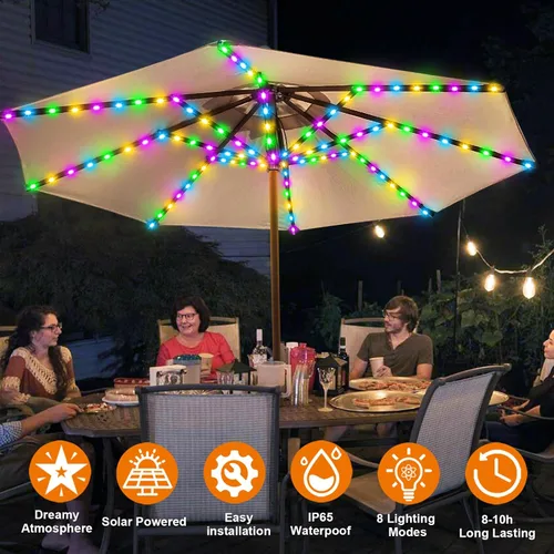 Vista 3 de luces de sombrilla solar, 8 hebras de luces de sombrilla para patio al aire libre con 8 modos, panel solar de 3V, clip con 112 LED, luces al aire
