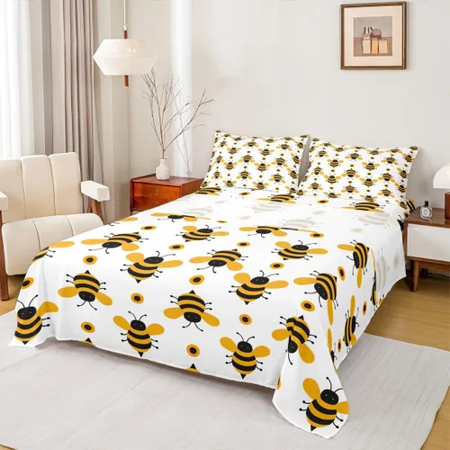 Vista 3 de Erosebridal Yellow Bee - Sábana bajera ajustable tamaño individual, sábanas de abeja de dibujos animados Kawaii para niños y niñas, juego de sábanas