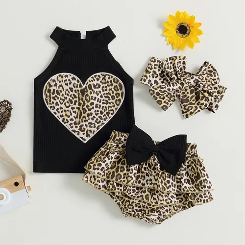 Vista 8 de Conjunto de ropa de verano para bebé recién nacida, sin mangas, con estampado de amor, volantes, pantalones cortos de leopardo, 3 piezas, diadema