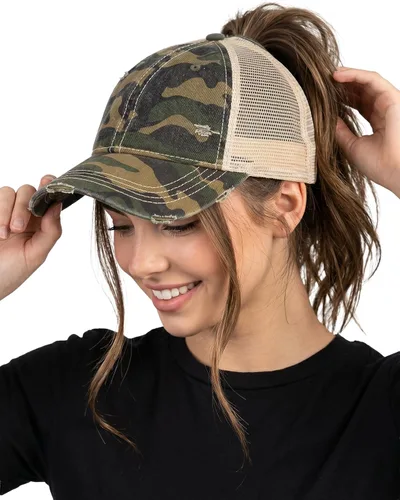 Vista 13 de Funky Junque - Gorro de béisbol para mujer, gorro de papá, gorro con cola de caballo, gorro con pelo despeinado, gorro pony. Negro - Malla Beige