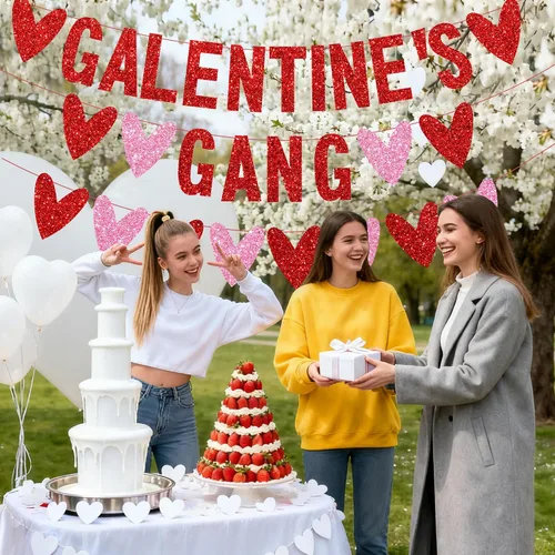 Vista 6 de 3 piezas de decoración del día de los galentinos, pancarta con purpurina de la banda de Galentine con guirnalda de corazón de amor, decoración