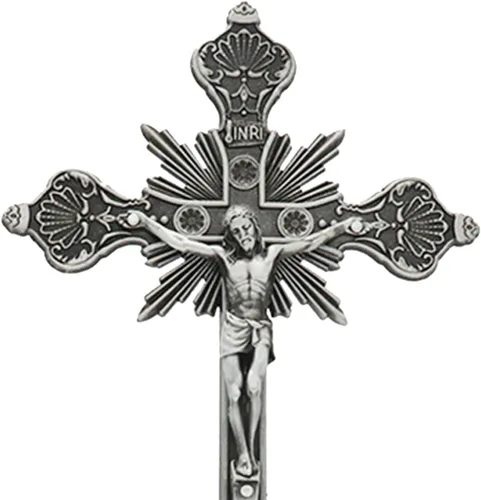 Vista 5 de Cruz de mesa de crucifijo de Jesús de metal, cruz de mesa católica con soporte para oraciones decoración del hogar, 10 pulgadas de alto, peltre