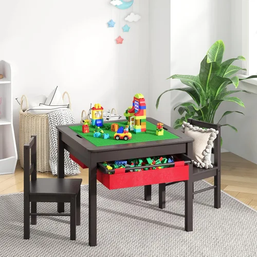 Vista 6 de UTEX - Juego de mesa de construcción para niños 2 en 1 de madera con dos sillas y cajones de almacenamiento, y placa empotrada compatible