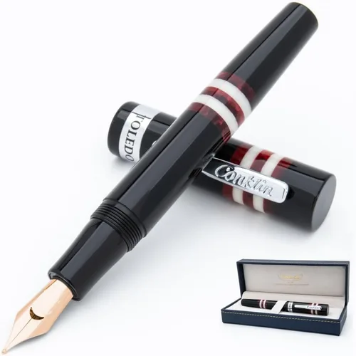 Vista 10 de Conklin Toledo - Pluma estilográfica en negro con segmentos de anillo azul y blanco, punta media, pluma estilográfica de lujo con detalles cromados