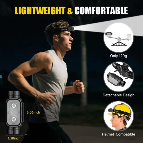 Vista 4 de Paquete de 3 linternas LED ultraligeras desmontables, faros delanteros recargables USB-C con sensor de movimiento y luz de advertencia, lámpara