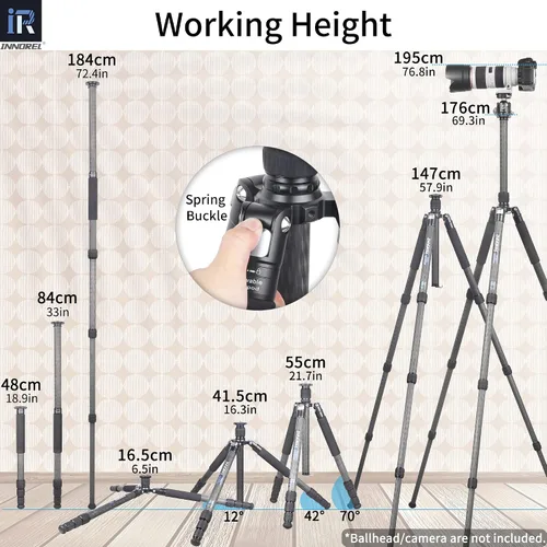Vista 5 de Trípode de Fibra de Carbono - INNOREL RT85C Sin Rótula Cabeza de Bola Súper Profesional Trípode Monopié Soporte de Resistencia para Cámara DSLR Negro