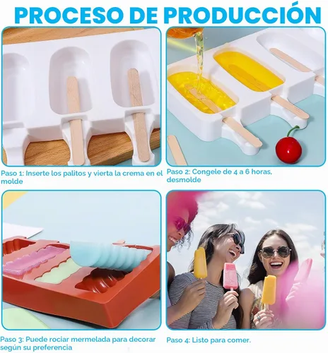 Vista 6 de 2 moldes para paletas, moldes de silicona grandes de 4 cavidades para tartas, moldes de helado para paletas de bricolaje con 100 palos de madera