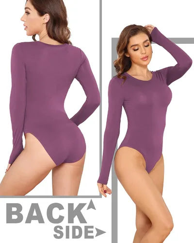 Vista 23 de LAOLASI Body de manga larga con cuello redondo para mujer, ajustado, básico, extensor