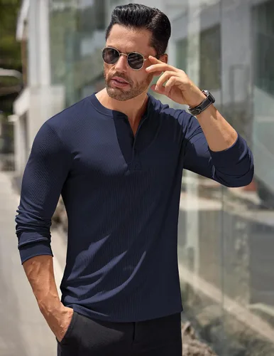 Vista 52 de COOFANDY Camisas Henley de manga larga para hombre, camisetas elásticas acanaladas, camisetas básicas casuales de moda