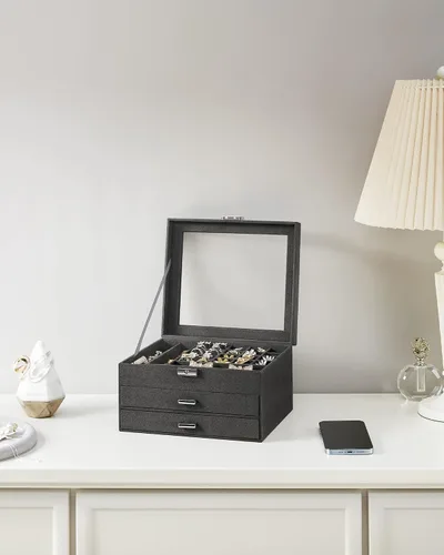 Vista 8 de SONGMICS Joyero, organizador de almacenamiento de joyas con cerradura, caja de joyería con ventana de cristal, para anillos, aretes, tachuelas