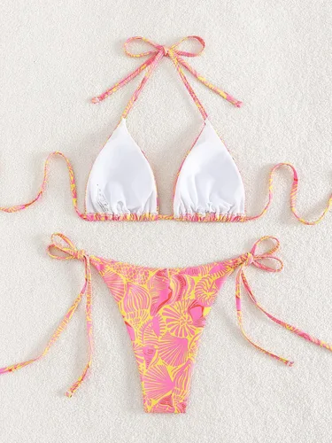Vista 2 de WDIRARA Traje de baño de dos piezas con estampado halter y lazo lateral para mujer