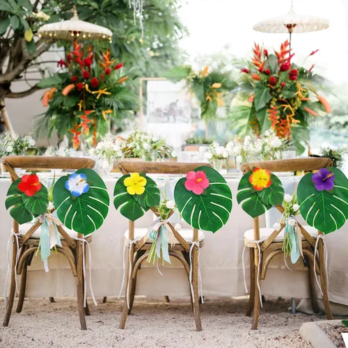Vista 5 de 126 piezas de suministros para decoraciones de fiesta Luau, hojas de palma tropicales, flores de hibisco, hojas artificiales simuladas para fiestas
