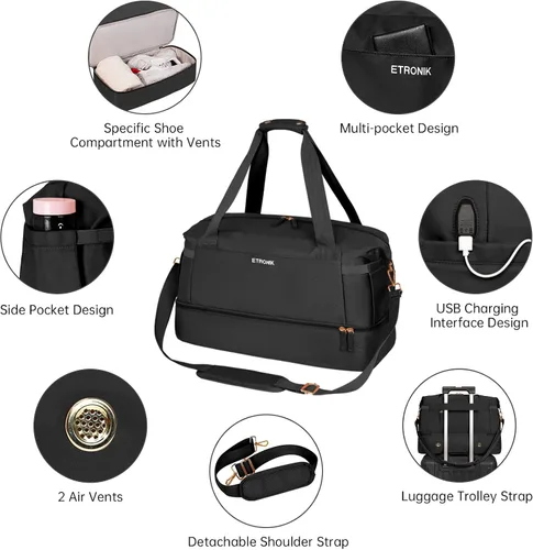 Vista 3 de ETRONIK Bolsa de viaje para mujer, bolsa de gimnasio con puerto de carga USB, bolsa de fin de semana con bolsillo para ropa húmeda y compartimento