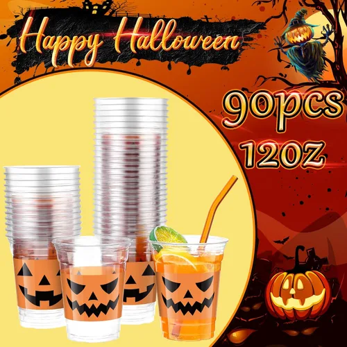 Vista 3 de Meanplan 90 vasos de plástico para fiesta de Halloween de 12 onzas desechables transparentes con estampado aterrador para licor, café, jugo