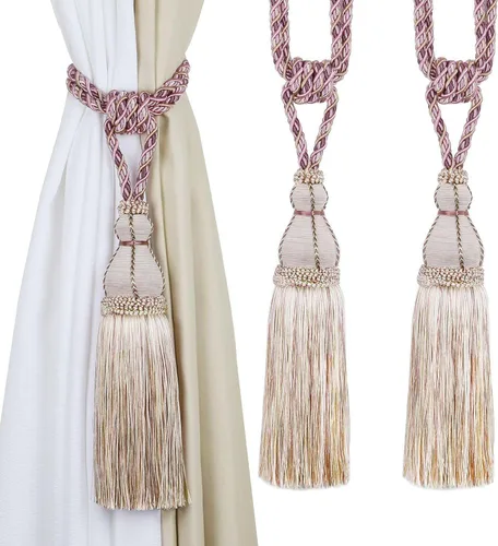 Vista 13 de BEL AVENIR Paquete de 2 alzapaños de cortina con borlas, grandes hechos a mano, cuerda para el hogar, oficina, hotel, elegante decorativo (beige)