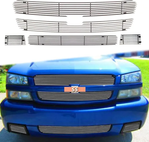 Vista 8 de Parrilla negra compatible con Chevy Silverado 1500 SS 2003 2004 2005 delantero principal superior inferior parachoques Billet rejilla inserción