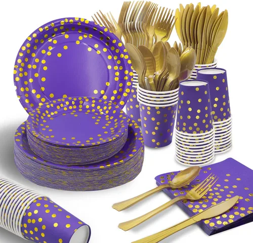 Vista 10 de AIRE 175 piezas Vajilla de papel negra y dorada para 25 invitados, suministros desechables para fiestas, vajilla con puntos dorados en platos