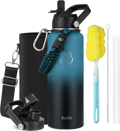 Vista 24 de BUZIO Botella de agua de 32 onzas aislada con popote y 3 tapas y bolsa de transporte, a prueba de fugas, frasco jarra de agua de acero inoxidable