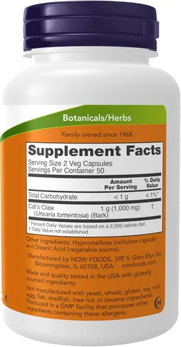 Vista 2 de NOW Foods Suplementos, Uña de Gato 500 mg, Proyecto Verificado Sin OGM, Suplemento Herbal, 100 Cápsulas Vegetarianas