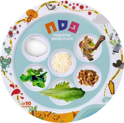 Vista 3 de The Dreidel Company Plato Seder de melamina de Pascua infantil con diseño de 10 plagas, Kaarah tradicional para pesaj de 9 pulgadas (paquete de 3)