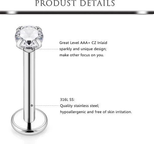 Vista 2 de Hoeudjo 9 – 18 piezas 16G acero quirúrgico, anillo labial de cristal, barra de herradura para cartílago tragus, arete de aro hélix daith Septum