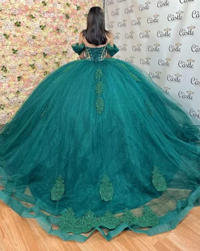 Vista 2 de Mouccy Vestidos de quinceañera de encaje con purpurina con cuentas y hombros descubiertos dulces 16 vestidos con tren perlado XV vestidos