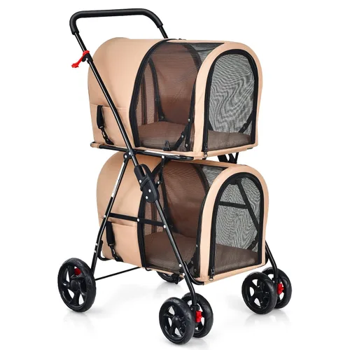 Vista 9 de Giantex Cochecito doble para mascotas con 2 bolsas de transporte desmontables, cinturón de seguridad, 4 ruedas con bloqueo, cochecito plegable