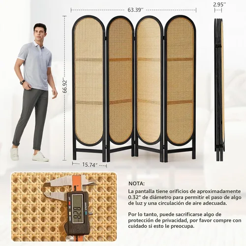 Vista 3 de Divisor de habitación de 4 paneles, divisor de habitación plegable de madera con doble bisagra, pantalla de privacidad individual hecha de ratán