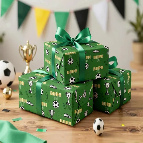 Vista 5 de Garbendy Papel de regalo de fútbol para niños – 17 pulgadas x 16.5 pies – fútbol deportivo con diseño de trofeos, papel de regalo para cumpleaños