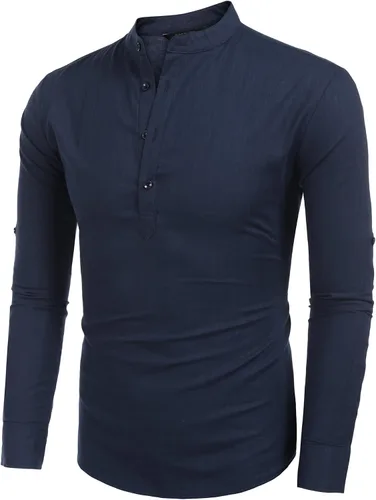 Vista 2 de COOFANDY - Camisa de lino y algodón con cuello Henley, de manga larga, estilo hippie, informal, camisetas de playa