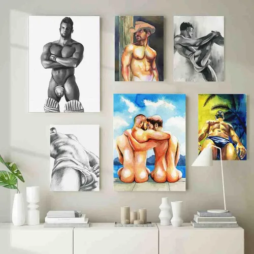 Vista 8 de DAVUD Decoración artística para hombre, pintura de acuarela, hombre gay y baño gay, arte de pared para el hogar, bar, decoración de pared, arte