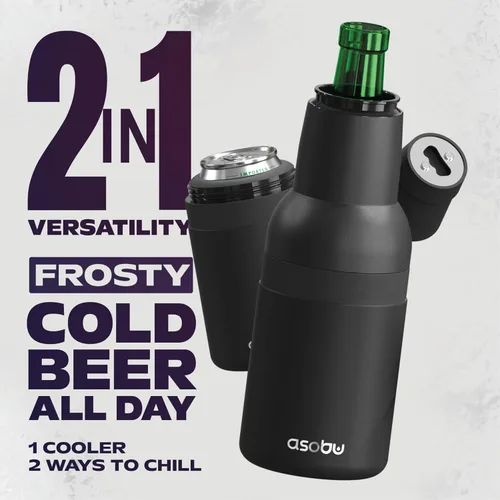 Vista 3 de Asobu Frosty Beer Holder, enfriador de latas y botellas de cerveza de acero inoxidable de doble pared con aislamiento al vacío y destapador
