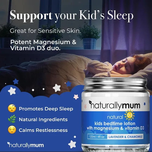 Vista 2 de NaturallyMum Loción de magnesio para niños con vitamina D Apoyo para la salud del sueño, corazón, hueso, nervio, intestino y músculo Alternativa