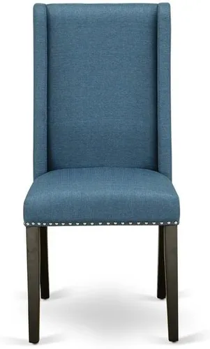 Vista 4 de East West Furniture FLP1T21 Florence Parson Sillas – Juego de 2 sillas de comedor tapizadas de tela de lino azul con ribete de clavo, color negro