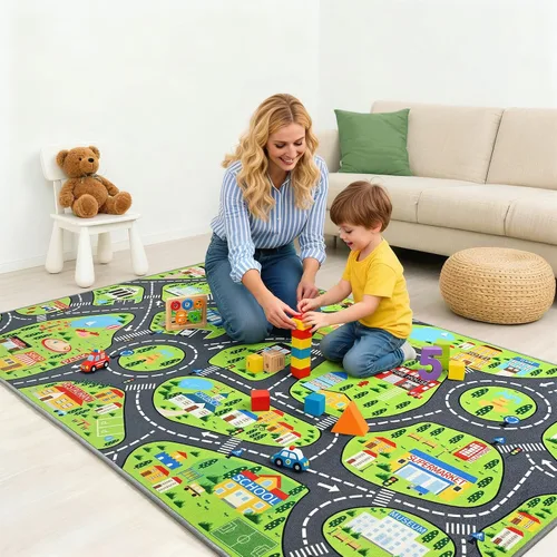 Vista 3 de Alfombras de juego de autos para niños, 36 x 60 pulgadas, tapete de juego de mapa de ruta urbano para jugar con autos, camiones, tapete de juego