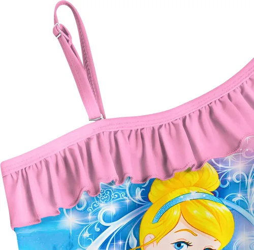 Vista 4 de Traje de baño de princesa para niñas, traje de baño de un solo hombro con gorro de natación