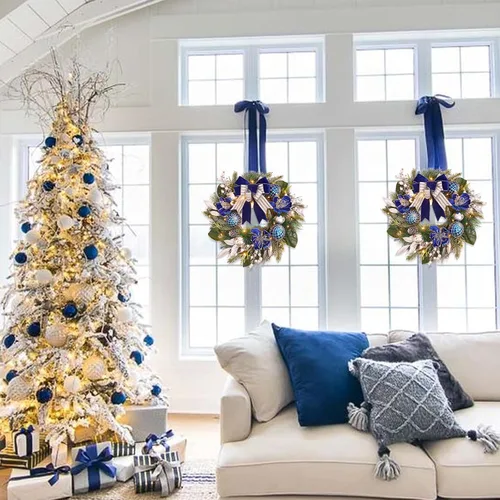 Vista 3 de Corona de Navidad preiluminada para puerta delantera con temporizador, 20 luces, corona de Navidad iluminada, bola de Navidad azul plateado