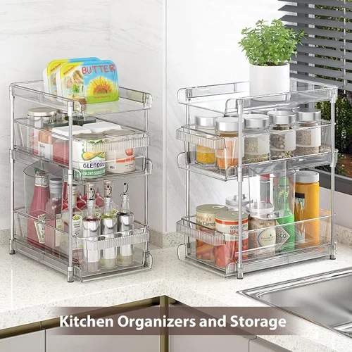 Vista 8 de Organizadores de Baño Transparentes 2 Juegos de 3 Niveles, Organizador Extraíble y Almacenamiento con 2 Tazas, Contenedor de Almacenamiento