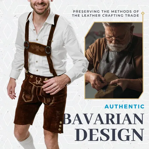 Vista 2 de BAVARIA TRACHTEN Lederhosen - Pantalones de cuero genuino alemán para hombre - Leiderhausen para hombre - Pantalones de cuero alemán - Marrón oscuro