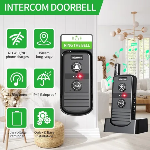 Vista 2 de Timbre inalámbrico, intercomunicadores inalámbricos para el hogar, sistema de intercomunicación inalámbrico de largo alcance de 4900 pies