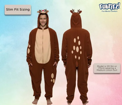 Vista 3 de Slim Christmas Adult Onesie - Fun Holiday Costume - Santa Clause and Reindeer One Piece for Adults, Women and Men FUNZIEZ!
