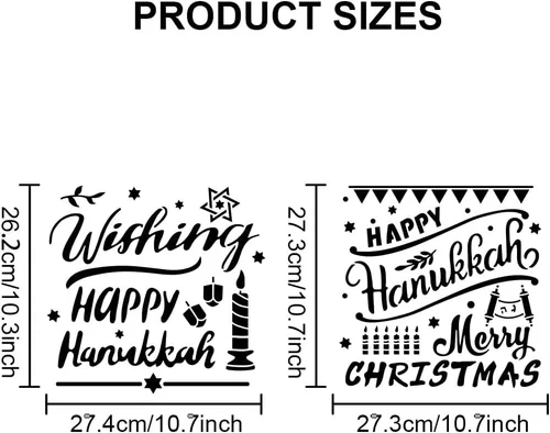 Vista 2 de MAYJOYDIY 4 plantillas Happy Hanukkah de 11.8 x 11.8 pulgadas, plantillas de Menorah Dreidel Star of David con pincel de pintura, plantilla de Feliz