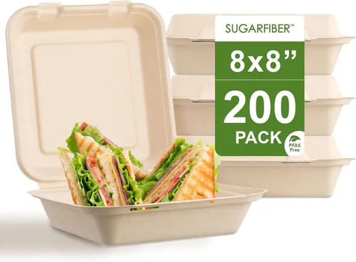 Vista 10 de [500 unidades] Fibra de azúcar por Harvest Pack PFAS FREE 6 x 6 pulgadas compostable Clamshell Recipientes de alimentos, contenedor con bisagras