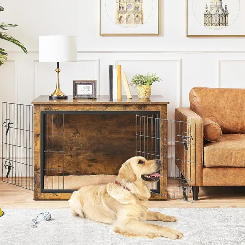 Vista 2 de Yaheetech Jaula para Perros de 40'' como Mueble con Cojín, Jaula de Madera para Perros con Puertas Dobles/Patas Ajustables, Mesa Lateral para Perros