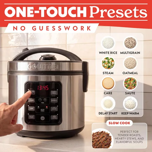 Vista 8 de Arrocera Gourmia – Capacidad de 3 Qt, 12 tazas cocidas, 6 tazas sin cocinar, controles digitales, cocedor de granos y vaporera, cesta de vapor